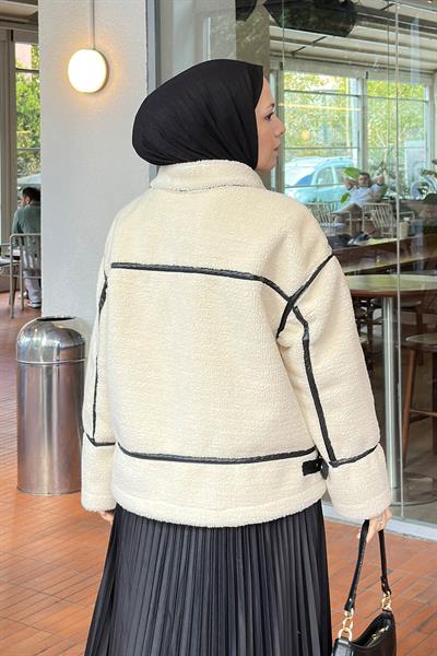 Kürklü Biker Mont Ekru