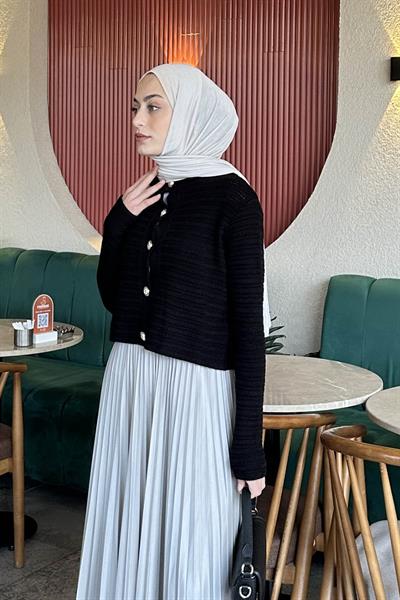 Links Desenli Crop Hırka Siyah