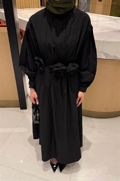 Pileli Poplin Elbise Siyah