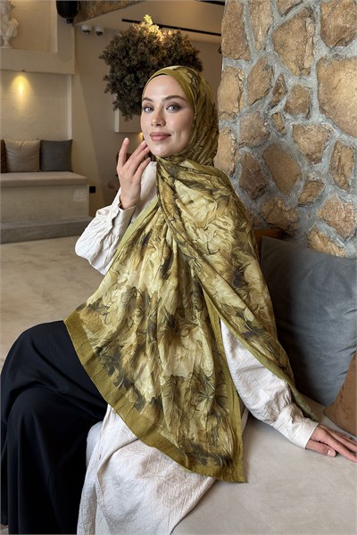 Vintage Flower Desen Bambu Şal Asker Yeşili