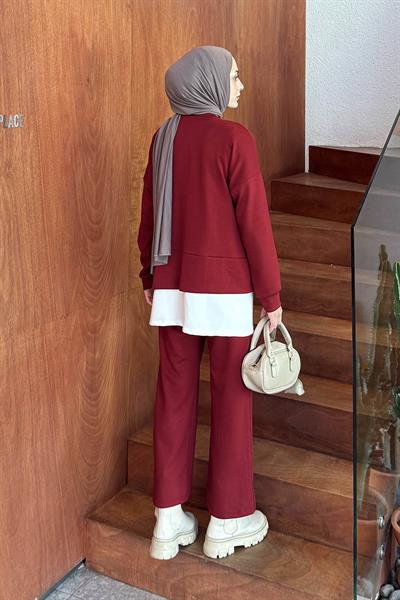 Fermuarlı Garnili Takım Bordo