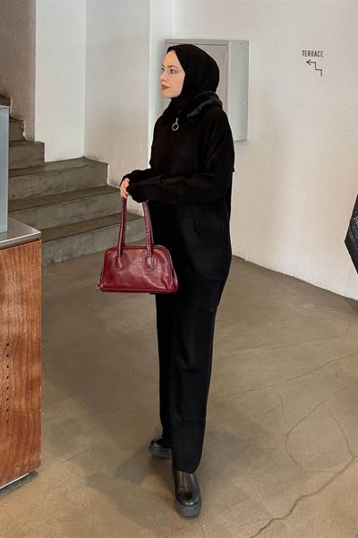 Peluş Yaka Triko Takım Siyah