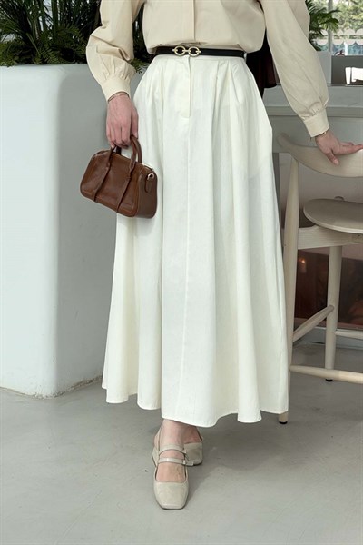 Cep Detaylı Kloş Keten Etek Krem