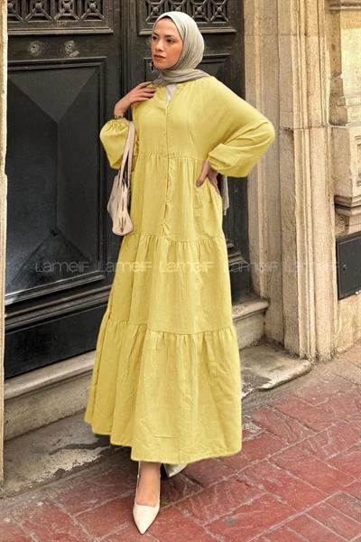 Ön Yarım Düğme Detaylı Müslin Kumaş Tesettür Elbise Sarı