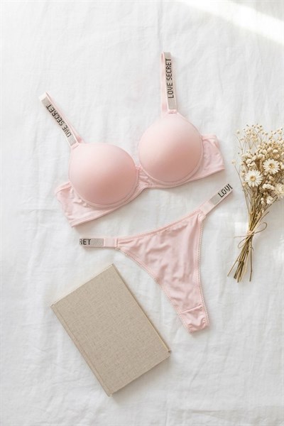 Mikro Kumaş Düz RenkTaşlı Destekli Sütyen Takımı Şeker Pembesi