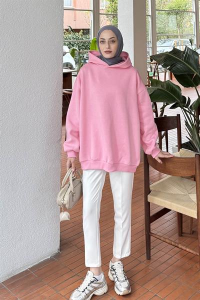 Kapüşonlu Salaş Sweatshirt Şeker Pembesi