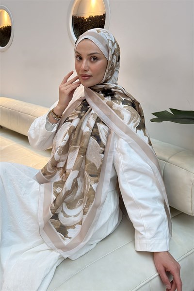 Çiçek Desen Pamuk Şal Koyu Bej