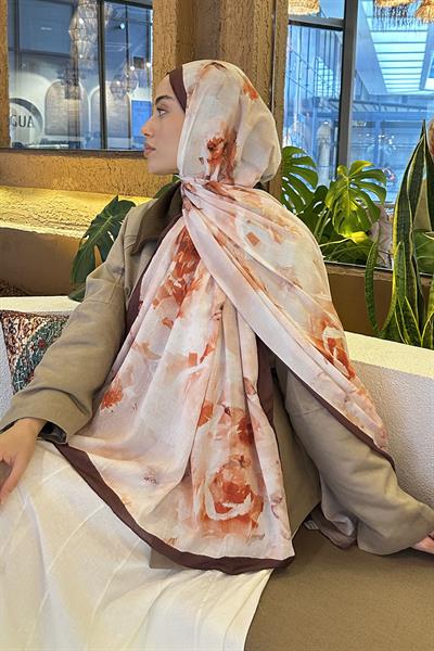 Gül Desen Bambu Şal Kahverengi