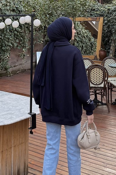 Fermuar Yakalı Paris Nakışlı Sweatshirt Lacivert