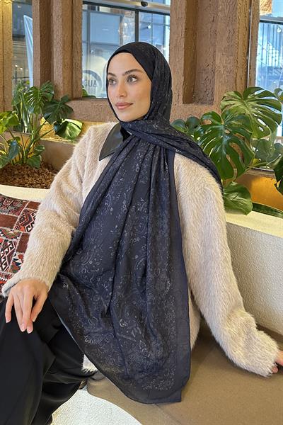 Retro Desen Bambu Şal Lacivert