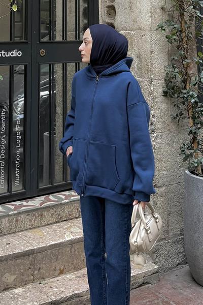 Kapüşonlu Oversize Yan Cepli Sweat İndigo