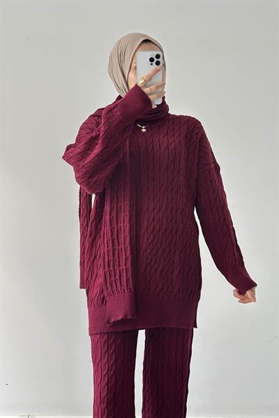Atkılı Örülü Tesettür Takım Bordo