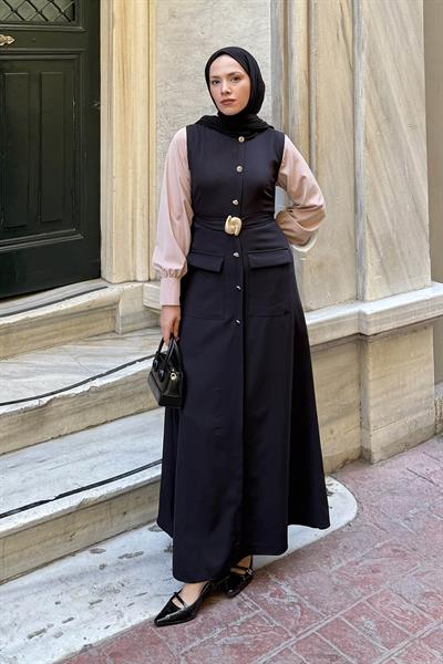 Düğme Detaylı Elbise Siyah
