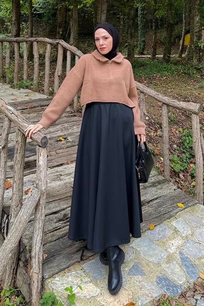 Yaka Fermuarlı Crop Triko Kazak Camel