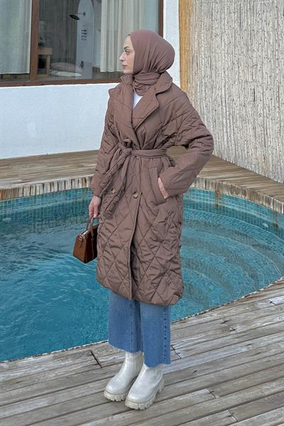 Ceket Yaka Beli Kuşaklı Kapitone Mont Acı Kahverengi