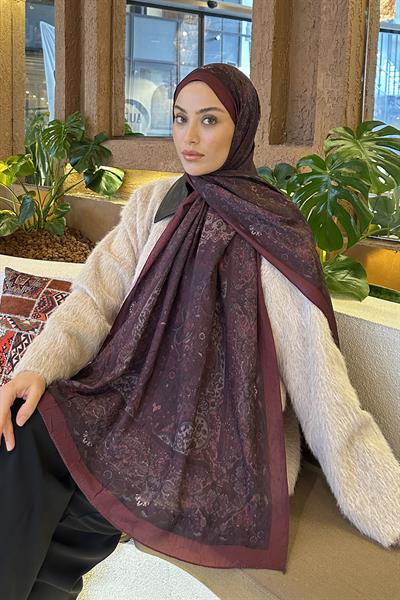 Retro Desen Bambu Şal Koyu Bordo