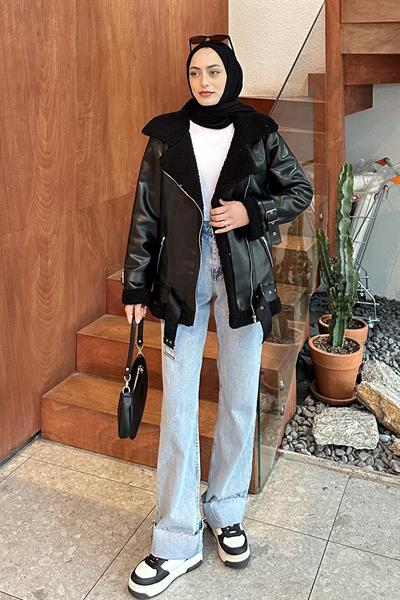 İçi Kuzu Kürklü Deri Mont Siyah