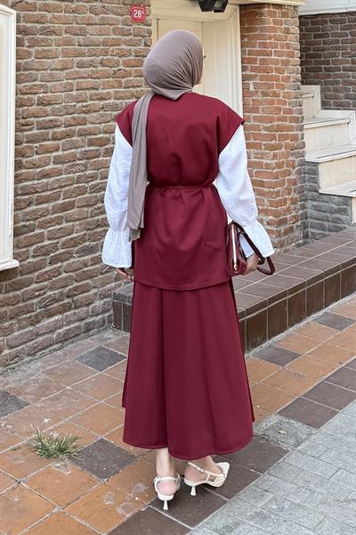 Yelek-Etek İkili Tesettür Takım Bordo