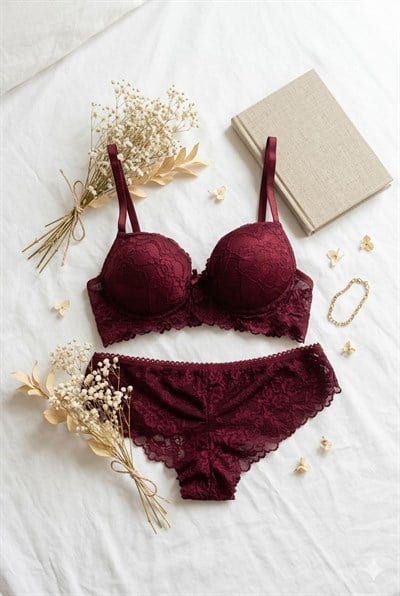 Dantelli Destekli Sütyen Takım Bordo