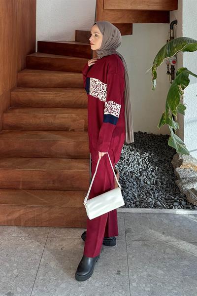 Desenli Triko Takım Bordo
