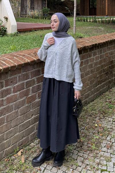 Crop V Yaka Hırka Gri