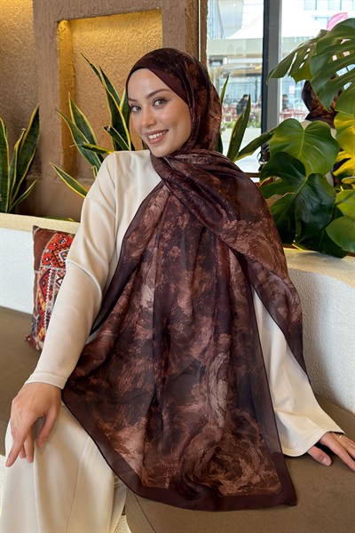 Gül Çiçek Desen Ferah Şal Acı Kahverengi