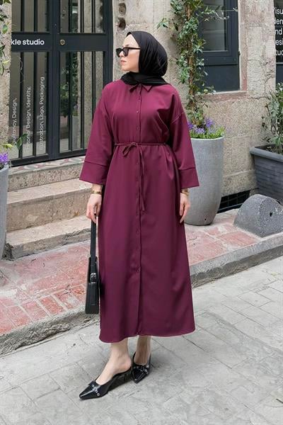 Takma Manşet Detaylı Dabıl Tesettür Elbise Mürdüm