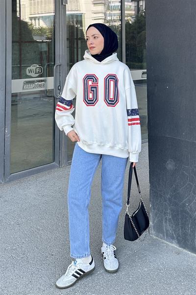 Go Baskılı Üç İplik Sweat Beyaz