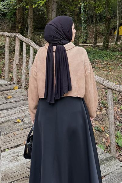 Yaka Fermuarlı Crop Triko Kazak Camel