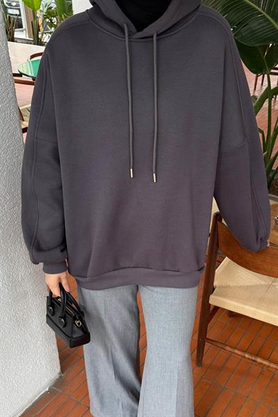 Kapüşonlu Oversize Yan Cepli Sweat Antrasit