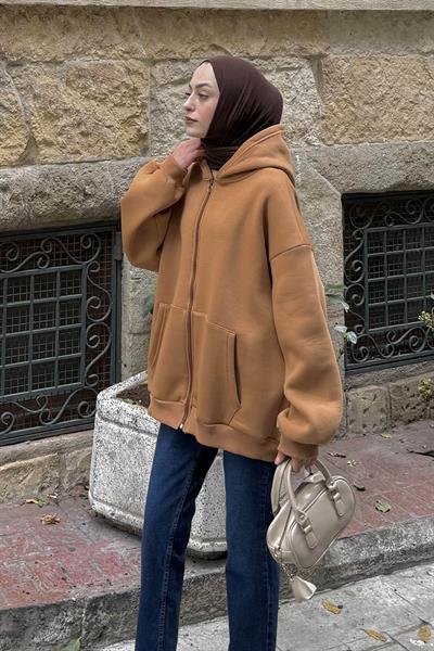 Kapüşonlu Oversize Yan Cepli Sweat Camel
