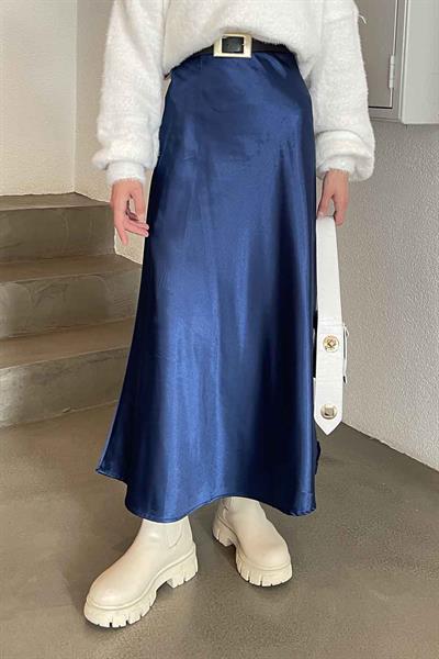 Düz Saten Çan Etek Saks Mavisi