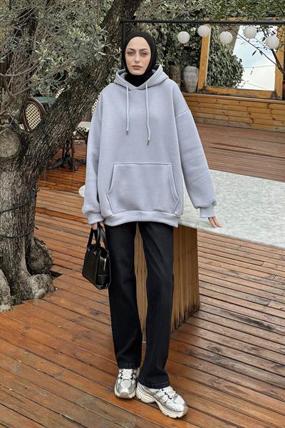 Üç İplik Kanguru Cep Sweatshirt Açık Gri