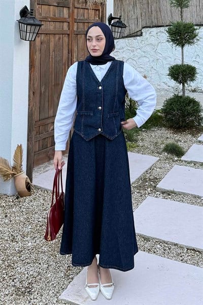 Kruvaz Kapama Kot Etekli Takım Koyu Yıkama Mavi