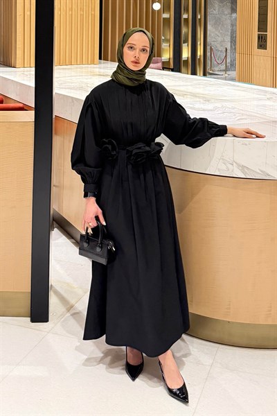 Pileli Poplin Elbise Siyah