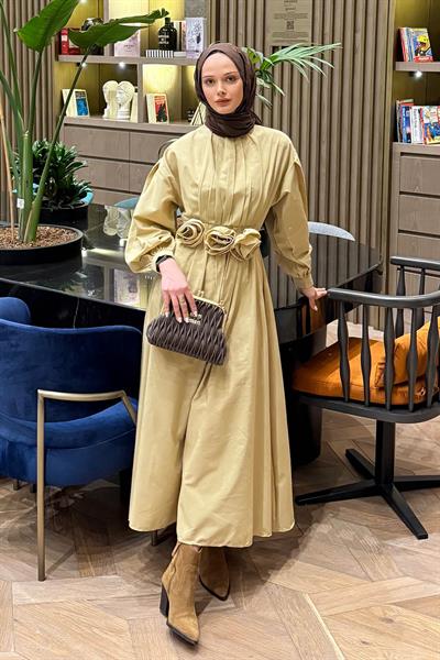 Pileli Poplin Elbise Bej