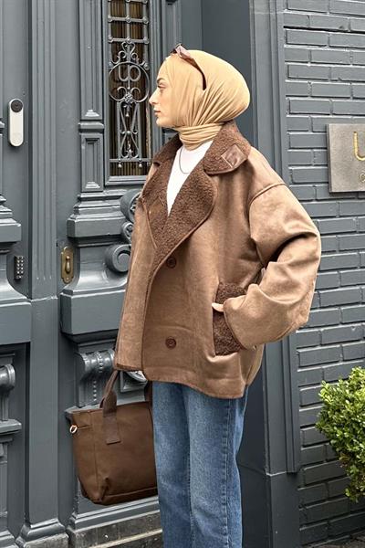 Süet Düğmeli Mont Acı Kahverengi
