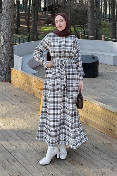 Ekose Desen Elbise Taş