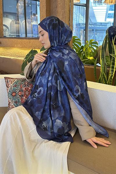 Batik Çiçek Desen Bambu Şal Gece Mavisi