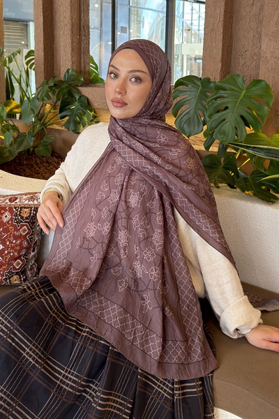 Geometrik Desen Bambu Şal Soft Kahve