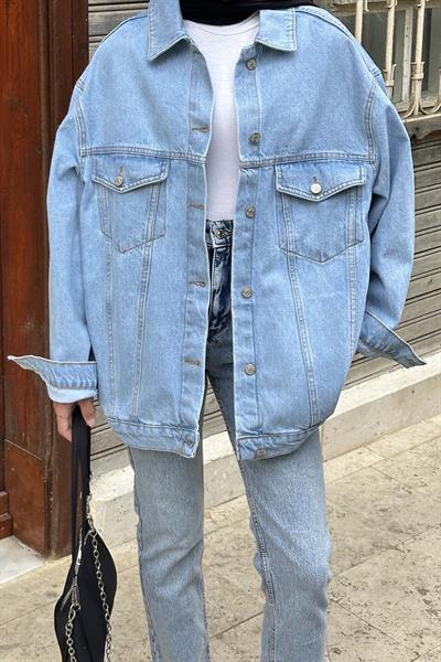 Çift Cepli Oversize Ceket Buz Mavisi