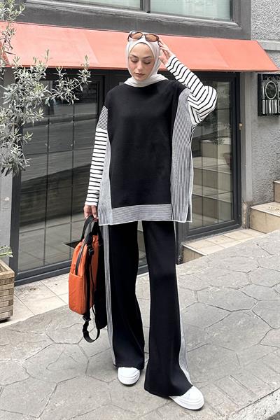 Yan Çizgili Panço Tesettür Takım Siyah
