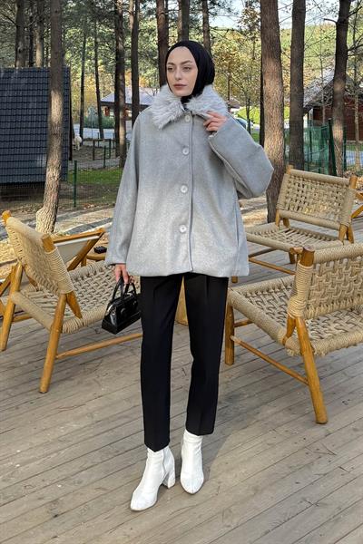 Kürk Yakalı Kaban Gri