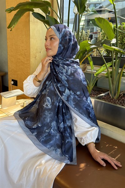 Gül Çiçek Desen Lara Soft Şal Lacivert