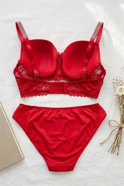 Desteksiz Balenli Büyük Beden Taş Detaylı Sütyen Takım Kırmızı