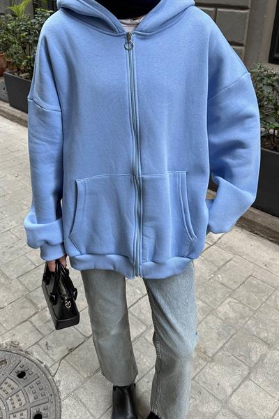 Kapüşonlu Oversize Yan Cepli Sweat Bebe Mavisi