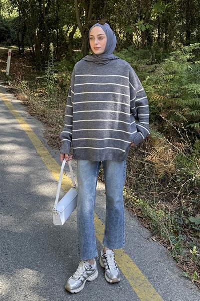 Çizgili Triko Kazak Antrasit
