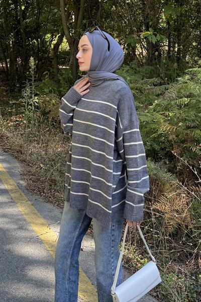 Çizgili Triko Kazak Antrasit