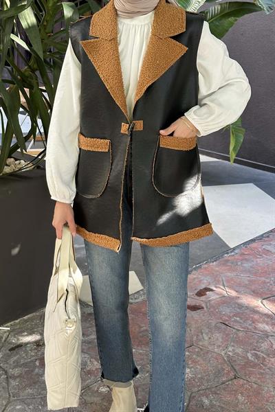 Garnili İçi Kürk Detaylı Deri Yelek Sütlü Kahve