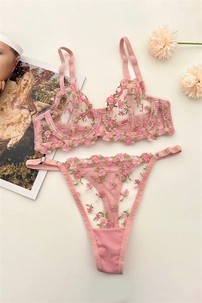 Brode Detaylı Çiçek Desen Sütyen Takım Pembe